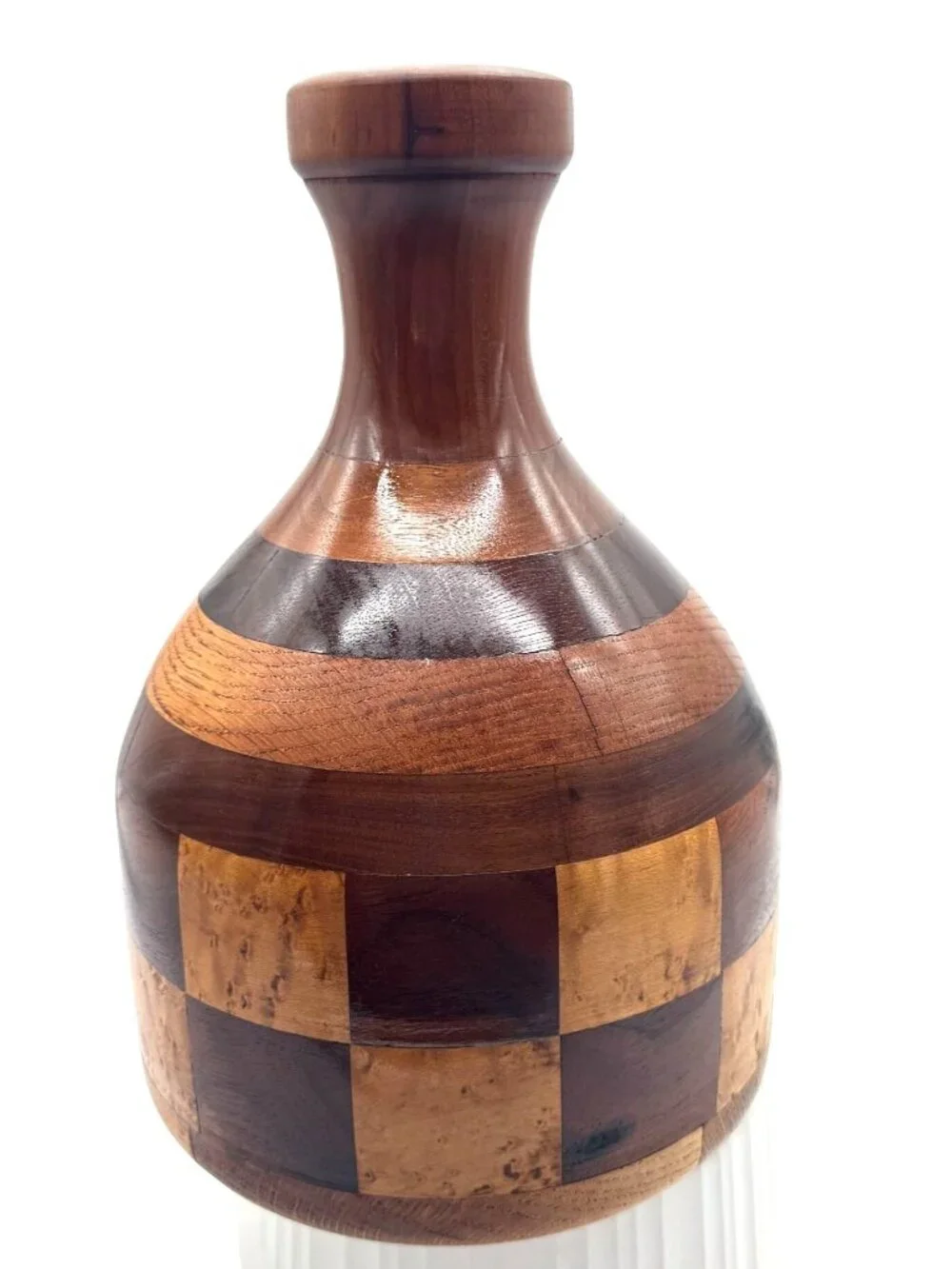 Handcrafted Wooden Decorative Vase from Kaneohe Hawaii W/ Checkered Pattern 11
